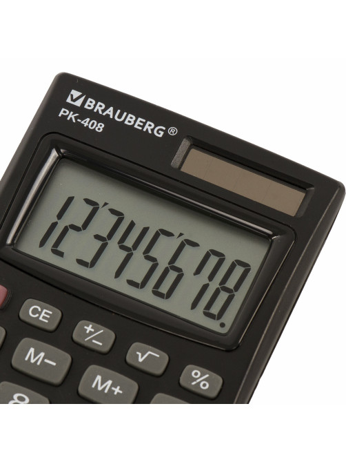 Калькулятор карманный BRAUBERG PK-408-BK (97x56 мм), 8 разрядов, двойное питание, ЧЕРНЫЙ, 250517