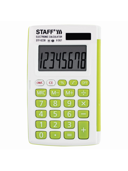 Калькулятор карманный STAFF STF-6238 (104х63 мм), 8 разрядов, двойное питание, БЕЛЫЙ С ЗЕЛЁНЫМИ КНОПКАМИ, блистер, 250283