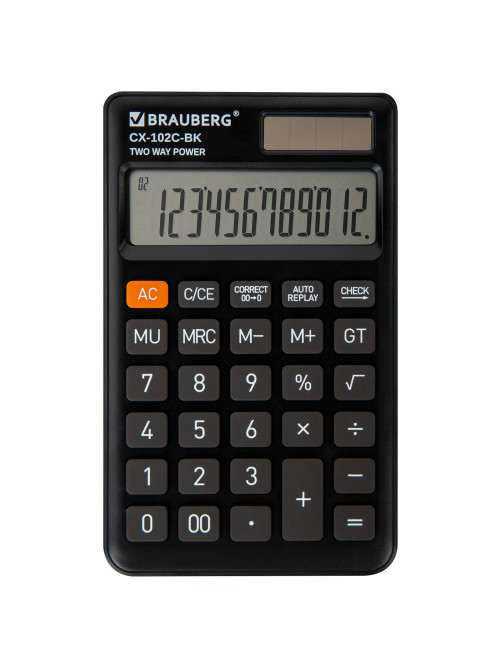 Калькулятор карманный BRAUBERG CX-102C-BK (76x126 мм), 12 разрядов, двойное питание, ЧЕРНЫЙ, 272647