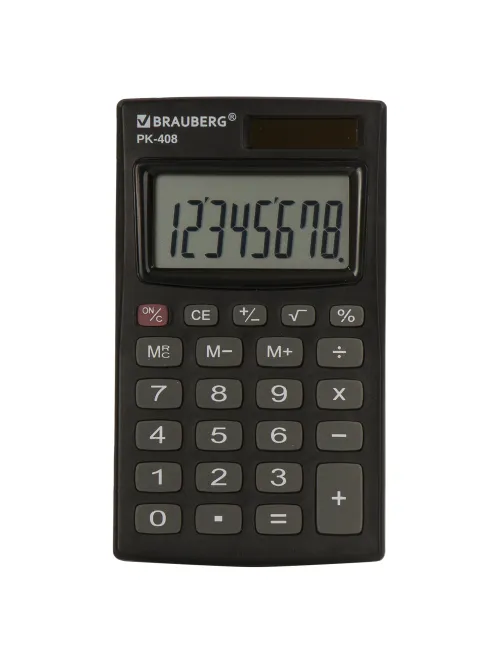 Калькулятор карманный BRAUBERG PK-408-BK (97x56 мм), 8 разрядов, двойное питание, ЧЕРНЫЙ, 250517