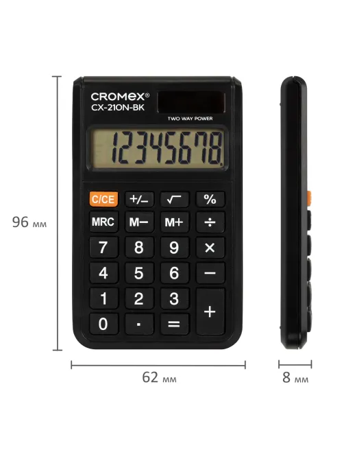 Калькулятор карманный CROMEX (КРОМЕКС) CX-210N-BK (96х62 мм), 8 разрядов, двойное питание, черный, 273834