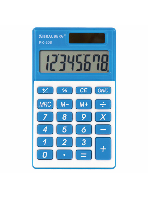 Калькулятор карманный BRAUBERG PK-608-BU (107x64 мм), 8 разрядов, двойное питание, СИНИЙ, 250519