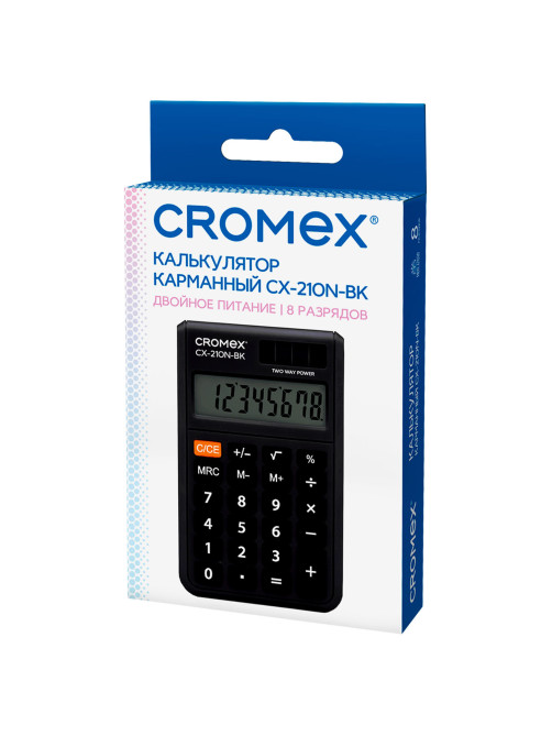 Калькулятор карманный CROMEX (КРОМЕКС) CX-210N-BK (96х62 мм), 8 разрядов, двойное питание, черный, 273834