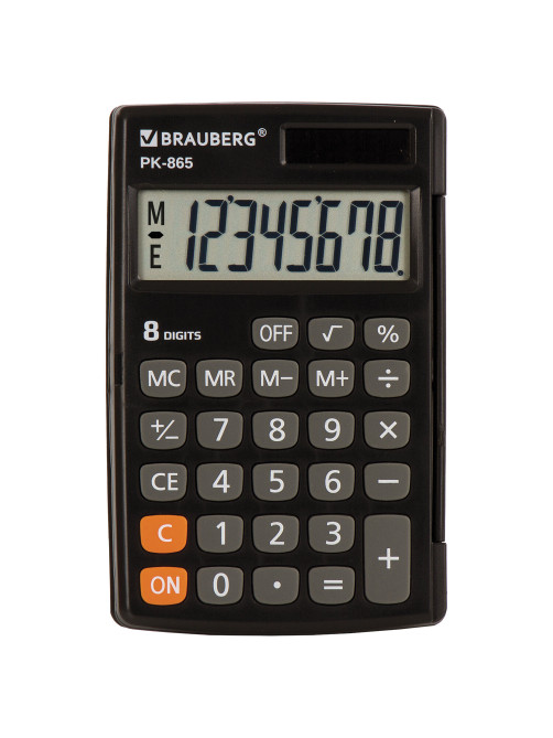 Калькулятор карманный BRAUBERG PK-865-BK (120x75 мм), 8 разрядов, двойное питание, ЧЕРНЫЙ, 250524