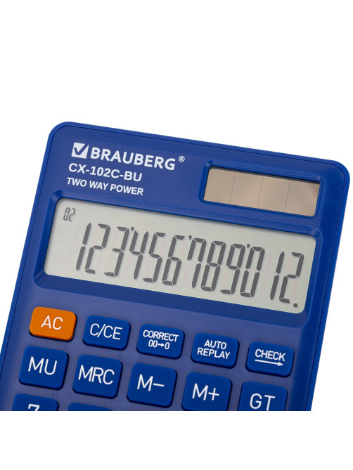 Калькулятор карманный BRAUBERG CX-102C-BU (76x126 мм), 12 разрядов, двойное питание, СИНИЙ, 272648
