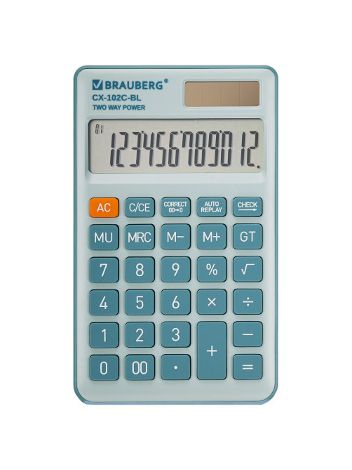 Калькулятор карманный BRAUBERG CX-102C-BL (76x126 мм), 12 разрядов, двойное питание, ГОЛУБОЙ, 272649
