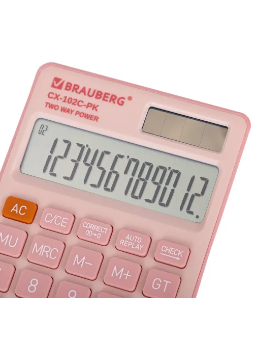 Калькулятор карманный BRAUBERG CX-102C-PK (76x126 мм), 12 разрядов, двойное питание, РОЗОВЫЙ, 272650