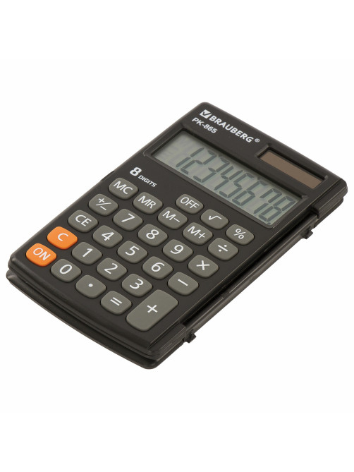 Калькулятор карманный BRAUBERG PK-865-BK (120x75 мм), 8 разрядов, двойное питание, ЧЕРНЫЙ, 250524