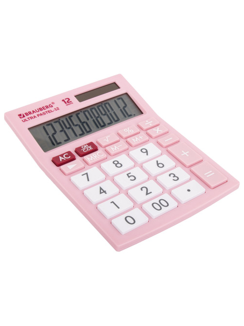Калькулятор настольный BRAUBERG ULTRA PASTEL-12-PK (192x143 мм), 12 разрядов, двойное питание, РОЗОВЫЙ, 250503