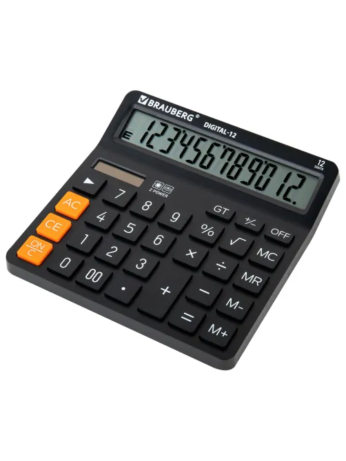 Калькулятор настольный BRAUBERG DIGITAL-12-BK (151х152 мм), 12 разрядов, двойное питание, ЧЕРНЫЙ, 272968