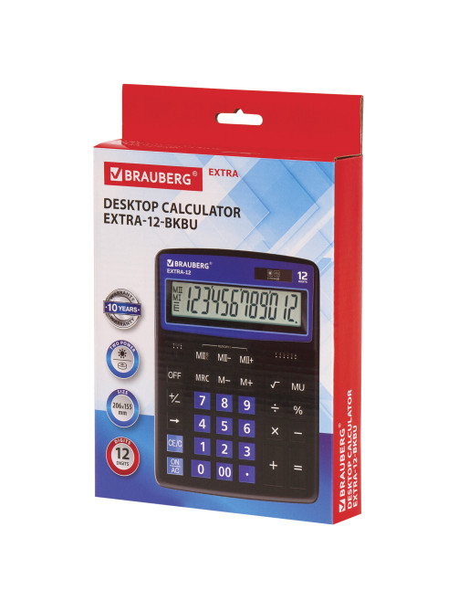 Калькулятор настольный BRAUBERG EXTRA-12-BKBU (206x155 мм), 12 разрядов, двойное питание, ЧЕРНО-СИНИЙ, 250472