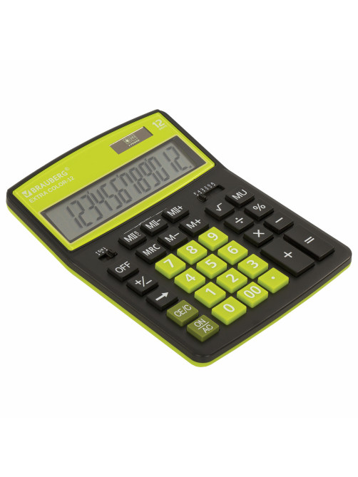 Калькулятор настольный BRAUBERG EXTRA COLOR-12-BKLG (206x155 мм), 12 разрядов, двойное питание, ЧЕРНО-САЛАТОВЫЙ, 250477