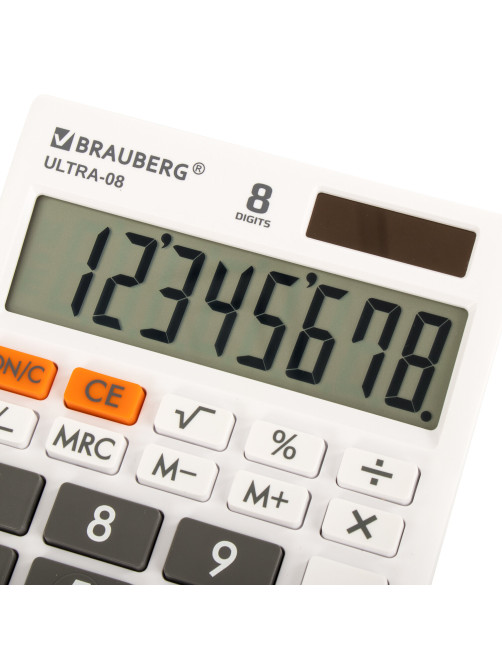 Калькулятор настольный BRAUBERG ULTRA-08-WT, КОМПАКТНЫЙ (154x115 мм), 8 разрядов, двойное питание, БЕЛЫЙ, 250512