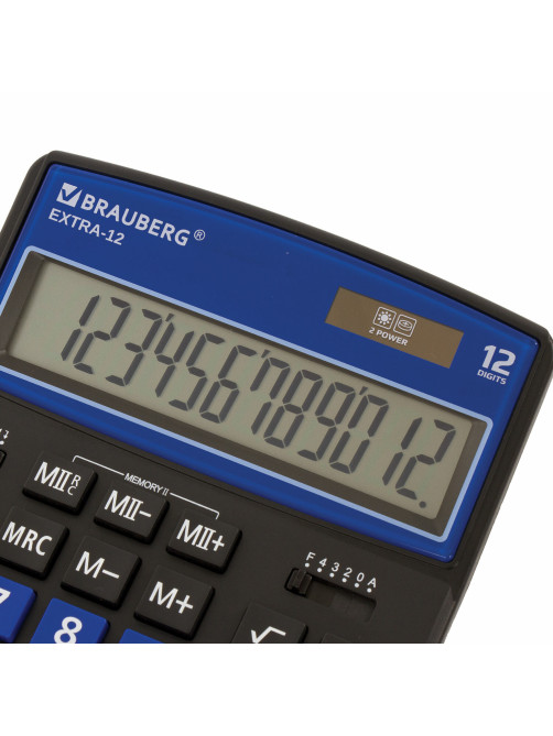 Калькулятор настольный BRAUBERG EXTRA-12-BKBU (206x155 мм), 12 разрядов, двойное питание, ЧЕРНО-СИНИЙ, 250472