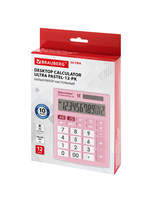 Калькулятор настольный BRAUBERG ULTRA PASTEL-12-PK (192x143 мм), 12 разрядов, двойное питание, РОЗОВЫЙ, 250503