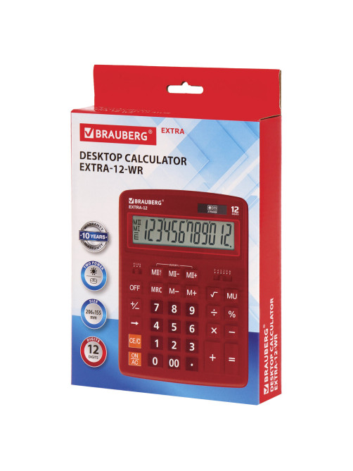 Калькулятор настольный BRAUBERG EXTRA-12-WR (206x155 мм), 12 разрядов, двойное питание, БОРДОВЫЙ, 250484