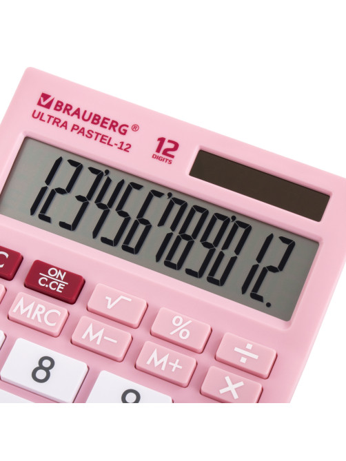 Калькулятор настольный BRAUBERG ULTRA PASTEL-12-PK (192x143 мм), 12 разрядов, двойное питание, РОЗОВЫЙ, 250503