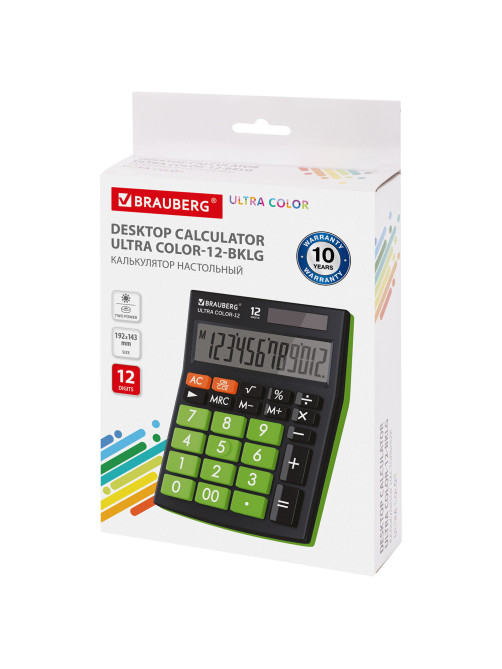 Калькулятор настольный BRAUBERG ULTRA COLOR-12-BKLG (192x143 мм), 12 разрядов, двойное питание, ЧЕРНО-САЛАТОВЫЙ, 250498