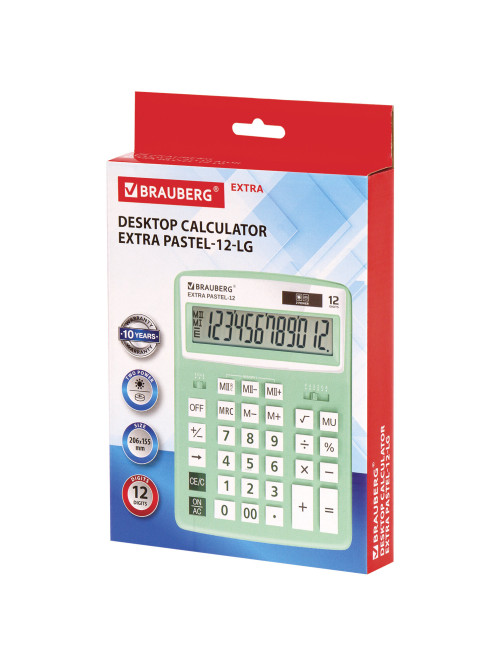 Калькулятор настольный BRAUBERG EXTRA PASTEL-12-LG (206x155 мм), 12 разрядов, двойное питание, МЯТНЫЙ, 250488