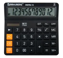 Калькулятор настольный BRAUBERG DIGITAL-12-BK (151х152 мм), 12 разрядов, двойное питание, ЧЕРНЫЙ, 272968