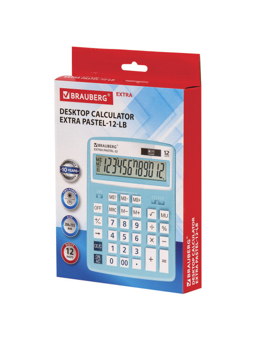Калькулятор настольный BRAUBERG EXTRA PASTEL-12-LB (206x155 мм), 12 разрядов, двойное питание, ГОЛУБОЙ, 250486