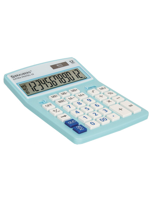 Калькулятор настольный BRAUBERG EXTRA PASTEL-12-LB (206x155 мм), 12 разрядов, двойное питание, ГОЛУБОЙ, 250486