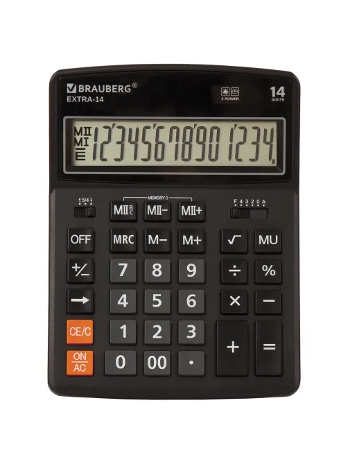 Калькулятор настольный BRAUBERG EXTRA-14-BK (206x155 мм), 14 разрядов, двойное питание, ЧЕРНЫЙ, 250474