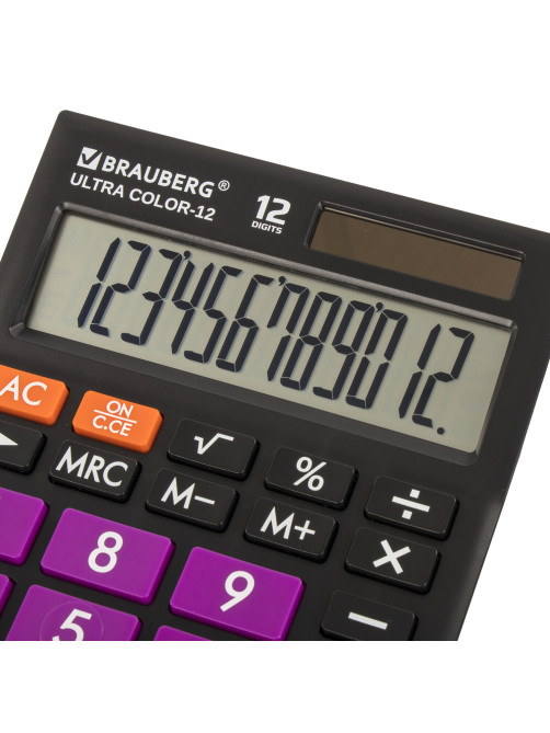 Калькулятор настольный BRAUBERG ULTRA COLOR-12-BKPR (192x143 мм), 12 разрядов, двойное питание, ЧЕРНО-ФИОЛЕТОВЫЙ, 250501