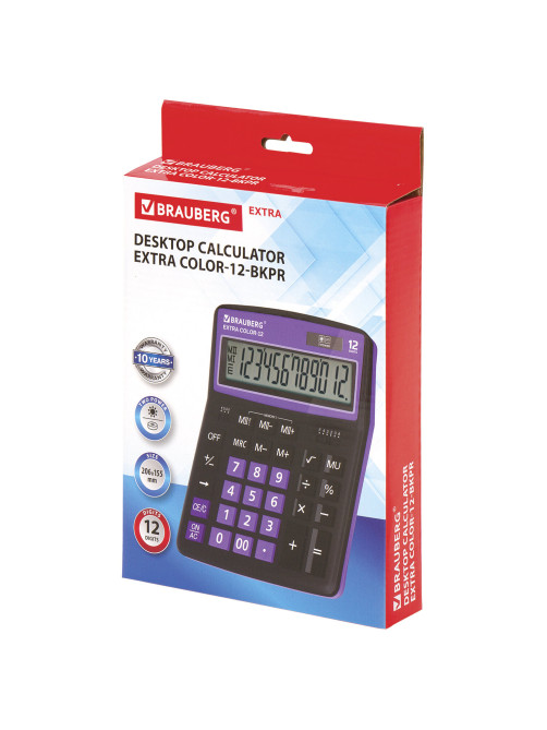 Калькулятор настольный BRAUBERG EXTRA COLOR-12-BKPR (206x155 мм),12 разрядов, двойное питание, ЧЕРНО-ФИОЛЕТОВЫЙ, 250480