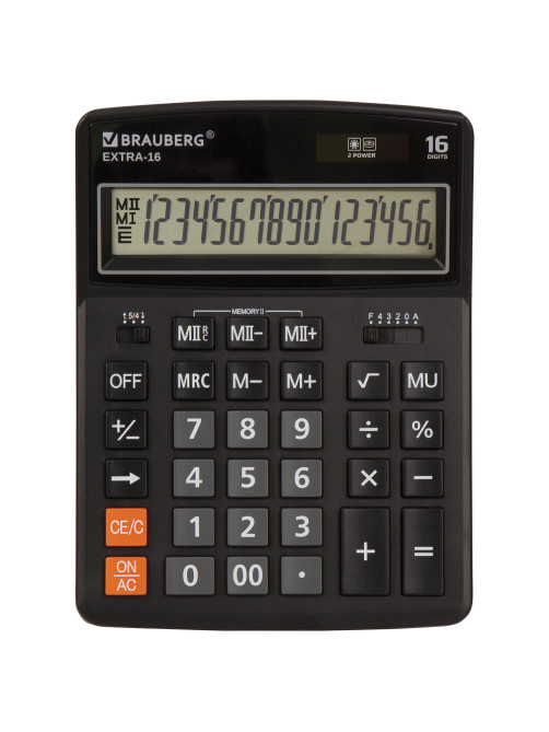 Калькулятор настольный BRAUBERG EXTRA-16-BK (206x155 мм), 16 разрядов, двойное питание, ЧЕРНЫЙ, 250475