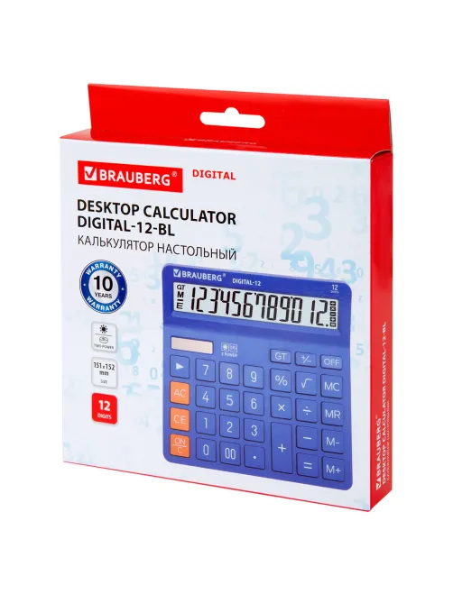 Калькулятор настольный BRAUBERG DIGITAL-12-BL (151х152 мм), 12 разрядов, двойное питание, СИНИЙ, 272969
