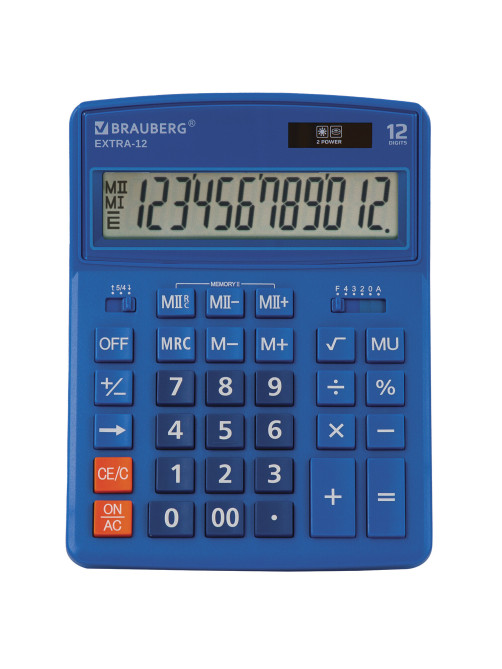 Калькулятор настольный BRAUBERG EXTRA-12-BU (206x155 мм), 12 разрядов, двойное питание, СИНИЙ, 250482