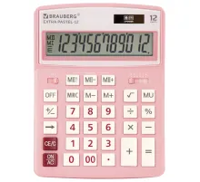 Калькулятор настольный BRAUBERG EXTRA PASTEL-12-PK (206x155 мм), 12 разрядов, двойное питание, РОЗОВЫЙ, 250487