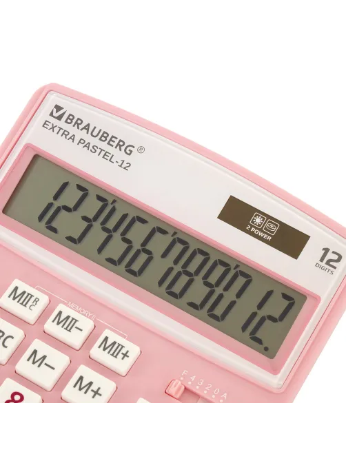 Калькулятор настольный BRAUBERG EXTRA PASTEL-12-PK (206x155 мм), 12 разрядов, двойное питание, РОЗОВЫЙ, 250487
