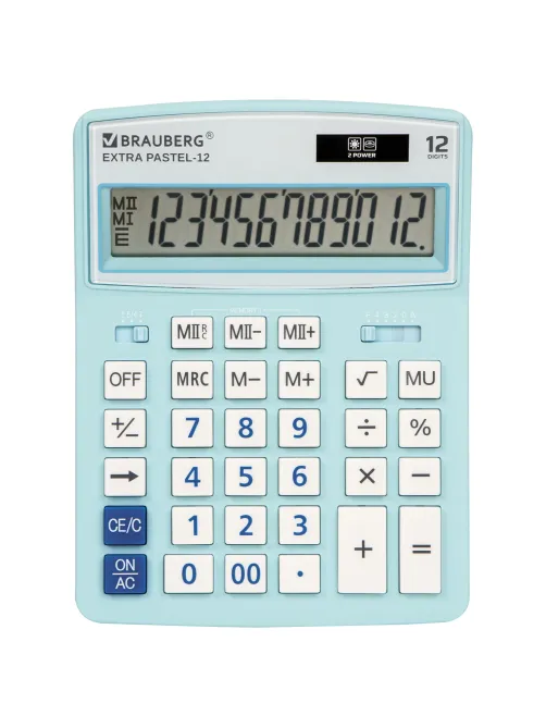 Калькулятор настольный BRAUBERG EXTRA PASTEL-12-LB (206x155 мм), 12 разрядов, двойное питание, ГОЛУБОЙ, 250486