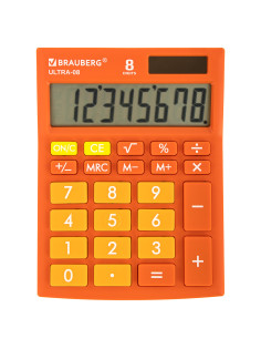 Калькулятор настольный BRAUBERG ULTRA-08-RG, КОМПАКТНЫЙ (154x115 мм), 8 разрядов, двойное питание, ОРАНЖЕВЫЙ, 250511