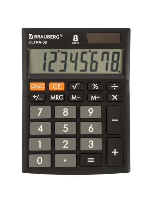 Калькулятор настольный BRAUBERG ULTRA-08-BK, КОМПАКТНЫЙ (154x115 мм), 8 разрядов, двойное питание, ЧЕРНЫЙ, 250507