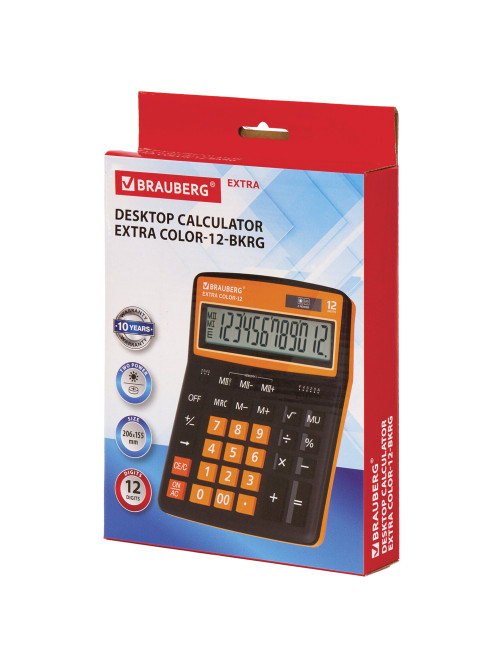Калькулятор настольный BRAUBERG EXTRA COLOR-12-BKRG (206x155 мм), 12 разрядов, двойное питание, ЧЕРНО-ОРАНЖЕВЫЙ, 250478