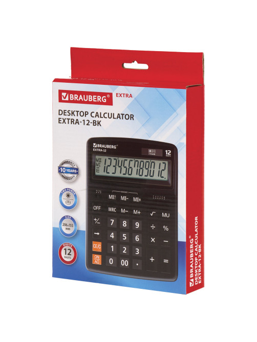 Калькулятор настольный BRAUBERG EXTRA-12-BK (206x155 мм), 12 разрядов, двойное питание, ЧЕРНЫЙ, 250481