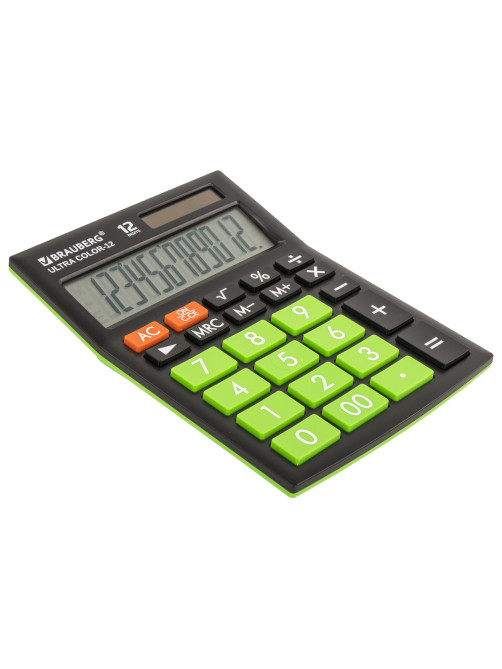 Калькулятор настольный BRAUBERG ULTRA COLOR-12-BKLG (192x143 мм), 12 разрядов, двойное питание, ЧЕРНО-САЛАТОВЫЙ, 250498