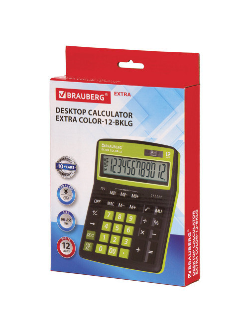 Калькулятор настольный BRAUBERG EXTRA COLOR-12-BKLG (206x155 мм), 12 разрядов, двойное питание, ЧЕРНО-САЛАТОВЫЙ, 250477
