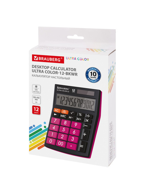 Калькулятор настольный BRAUBERG ULTRA COLOR-12-BKWR (192x143 мм), 12 разрядов, двойное питание, ЧЕРНО-МАЛИНОВЫЙ, 250500