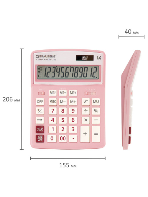 Калькулятор настольный BRAUBERG EXTRA PASTEL-12-PK (206x155 мм), 12 разрядов, двойное питание, РОЗОВЫЙ, 250487