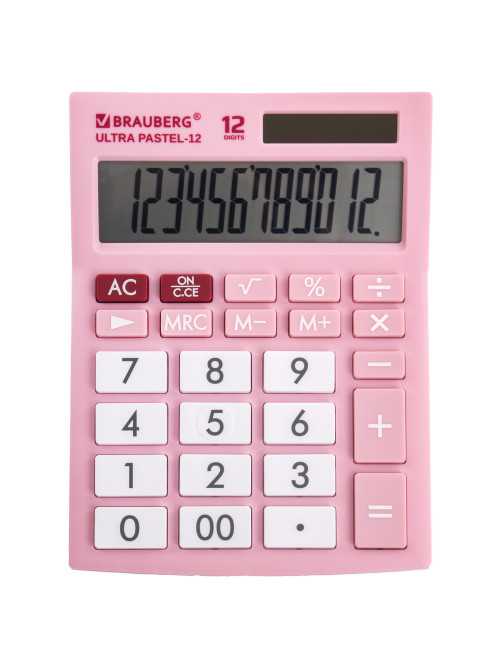 Калькулятор настольный BRAUBERG ULTRA PASTEL-12-PK (192x143 мм), 12 разрядов, двойное питание, РОЗОВЫЙ, 250503