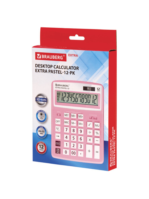 Калькулятор настольный BRAUBERG EXTRA PASTEL-12-PK (206x155 мм), 12 разрядов, двойное питание, РОЗОВЫЙ, 250487