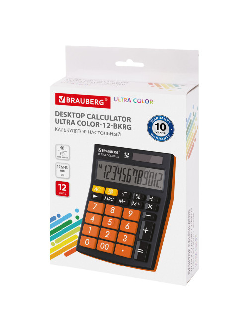 Калькулятор настольный BRAUBERG ULTRA COLOR-12-BKRG (192x143 мм), 12 разрядов, двойное питание, ЧЕРНО-ОРАНЖЕВЫЙ, 250499