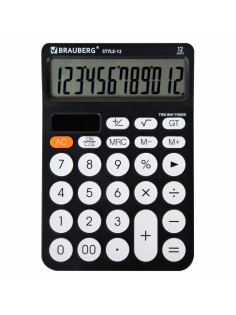 Калькулятор настольный BRAUBERG STYLE-12-BK (157х106 мм), 12 разрядов, двойное питание, ЧЕРНЫЙ, 272965