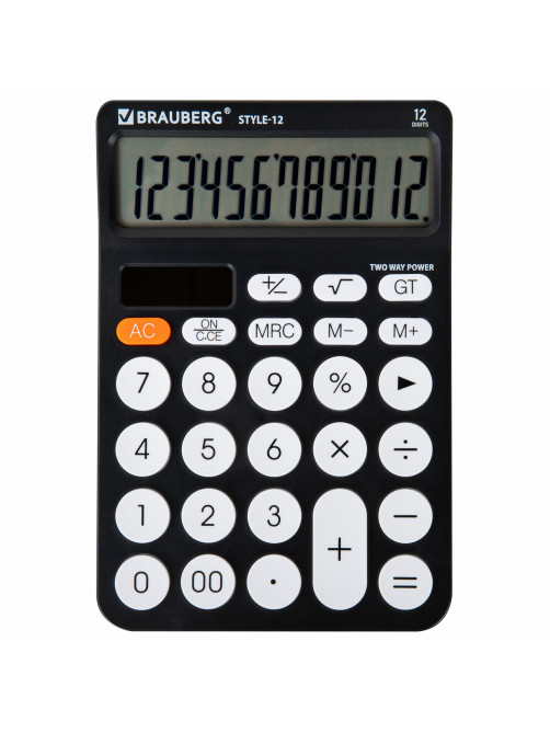 Калькулятор настольный BRAUBERG STYLE-12-BK (157х106 мм), 12 разрядов, двойное питание, ЧЕРНЫЙ, 272965