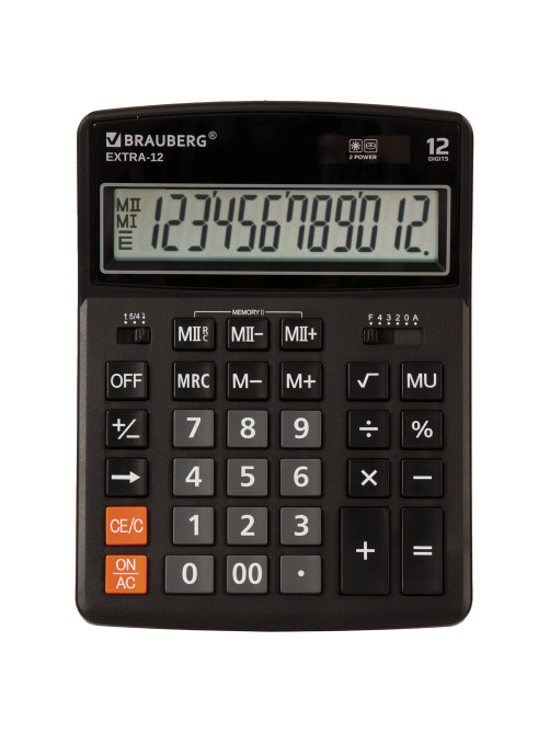 Калькулятор настольный BRAUBERG EXTRA-12-BK (206x155 мм), 12 разрядов, двойное питание, ЧЕРНЫЙ, 250481