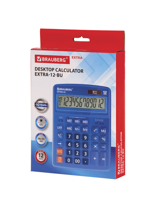 Калькулятор настольный BRAUBERG EXTRA-12-BU (206x155 мм), 12 разрядов, двойное питание, СИНИЙ, 250482